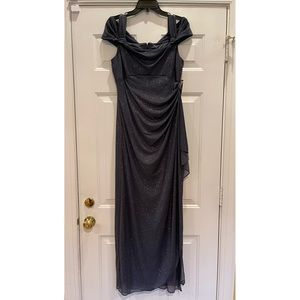 Cold Shoulder Glitter Mesh Dress with Draped Skirt & Cowl Neckline